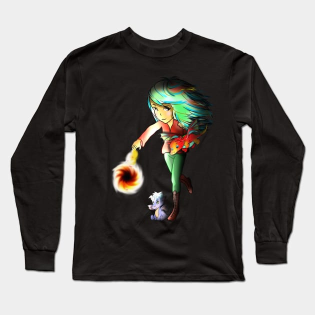 half-elf girl, baby dragons, and a fireball. For rpg, fantasy and dnd fans Long Sleeve T-Shirt by cuisinecat